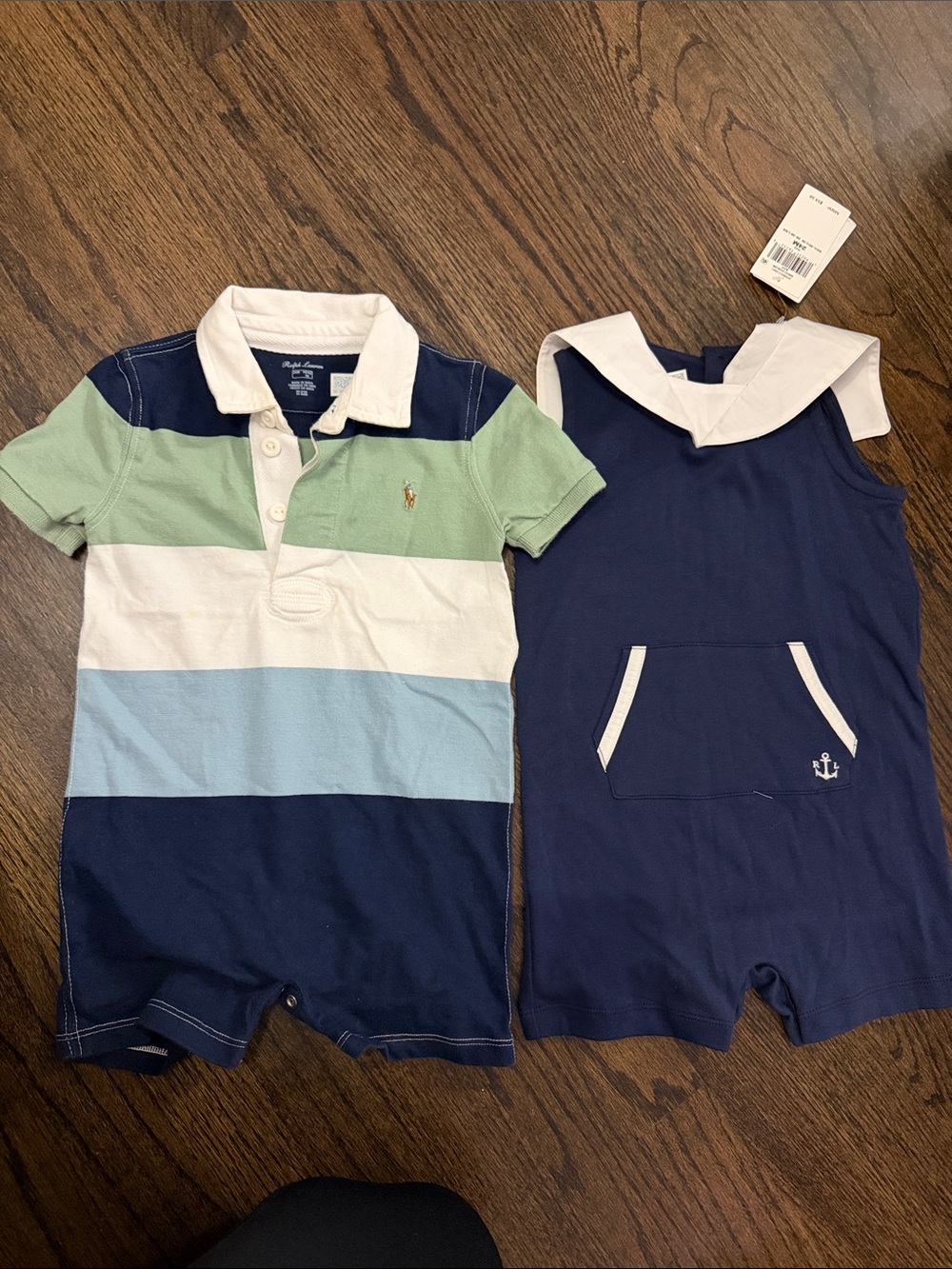 Polo by Ralph Lauren Navy, Light Blue & Green Striped Polo Romper